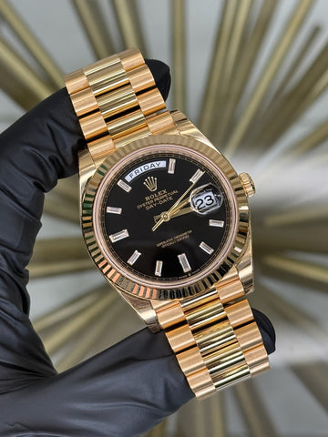 Rolex Day-Date 40 Black Baguette Diamond Dial on President 228238 2025 Complete
