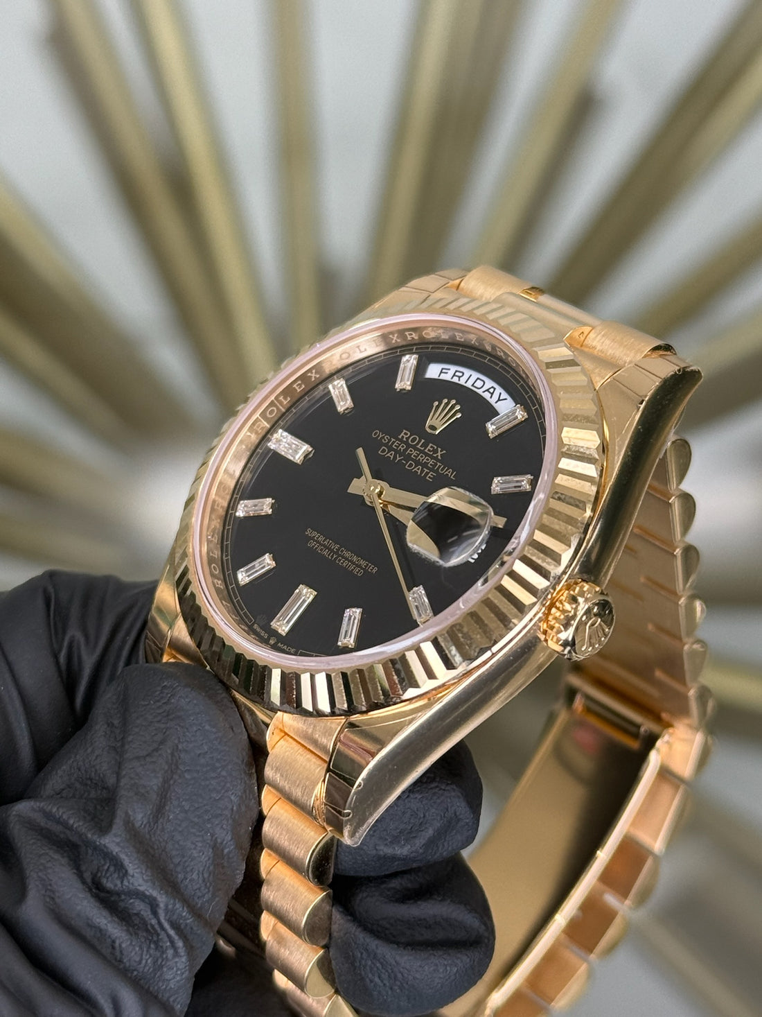 Rolex Day-Date 40 Black Baguette Diamond Dial on President 228238 2025 Complete