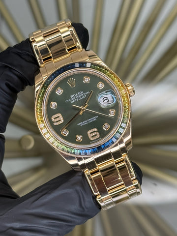 Rolex Datejust Pearlmaster Olive Diamond Dial on Yellow Gold 86348SABLV Open Date Complete