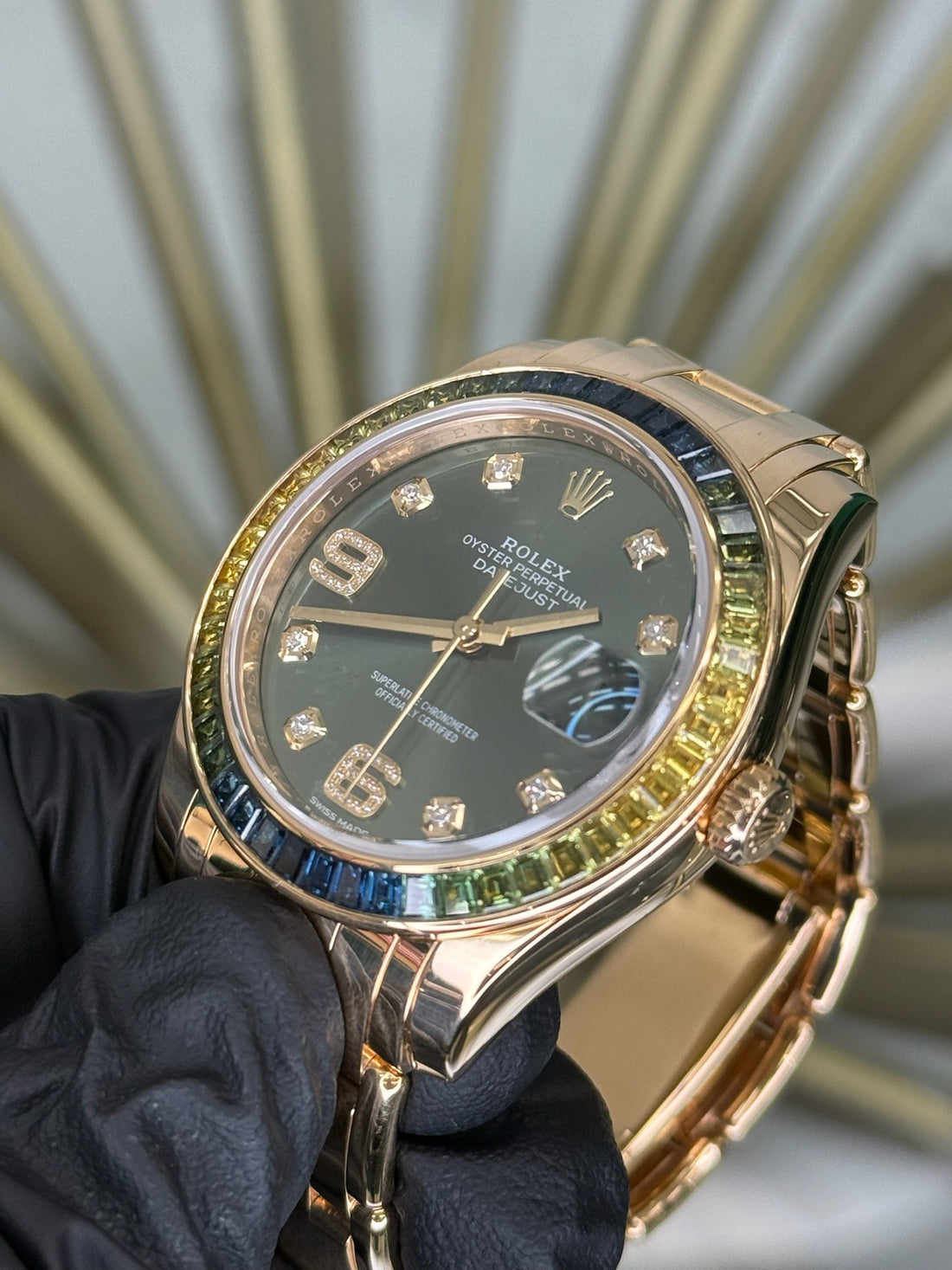 Rolex Datejust Pearlmaster Olive Diamond Dial on Yellow Gold 86348SABLV Open Date Complete