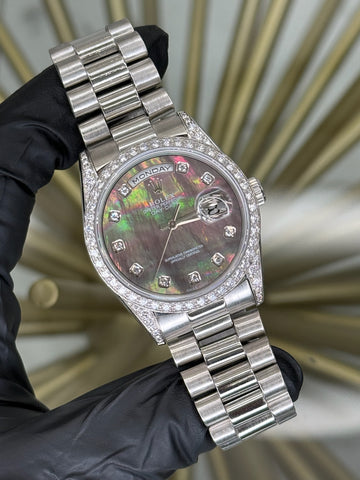 Rolex Day-Date 36 Black MOP Diamond Dial on Platinum 18296