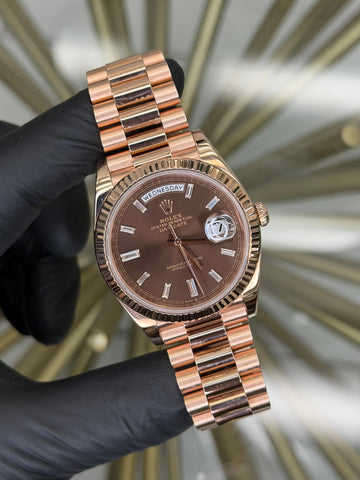 Rolex Day-Date 40 Chocolate Baguette Diamond Dial on President 228235 2023 Complete