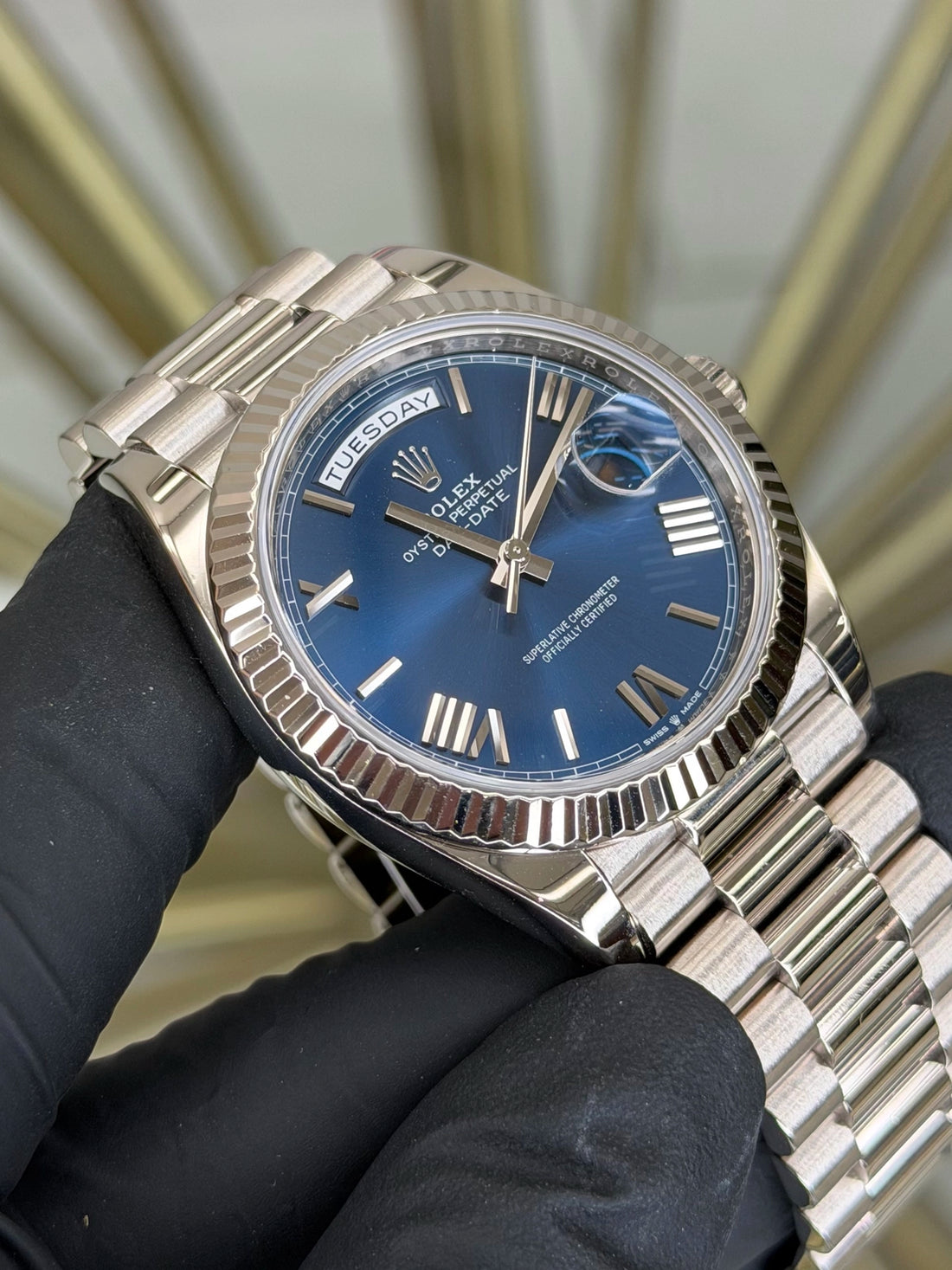 Rolex Day-Date 40 Blue Bevelled Roman Dial on President 228239 2023 Complete