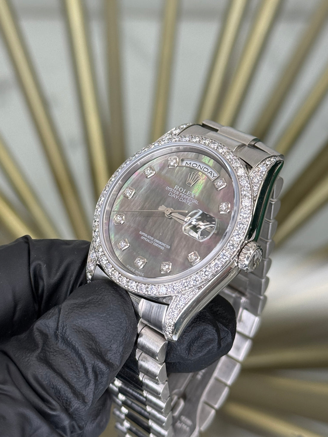 Rolex Day-Date 36 Black MOP Diamond Dial on Platinum 18296