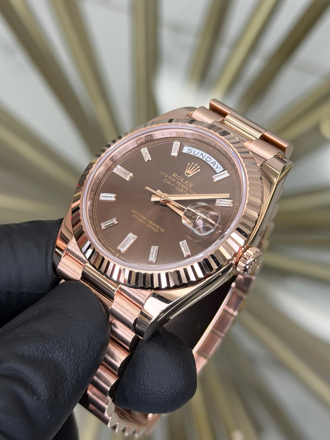 Rolex Day-Date 40 Chocolate Baguette Diamond Dial on President 228235 2026 Complete