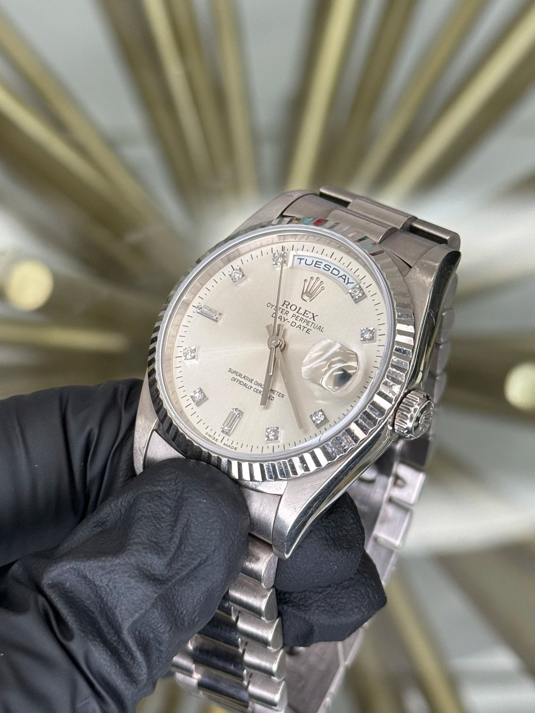 Rolex Day Date 36 Silver Diamond Dial on President 18239 1998 Complete