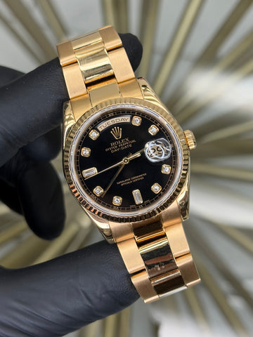 Rolex Day-Date 36 Black With Baguette Diamonds Dial on Oyster 118238