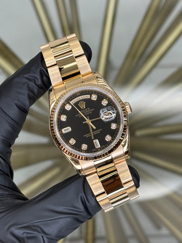 Rolex Day-Date 36 Black With Baguette Diamonds Dial on Oyster 118238