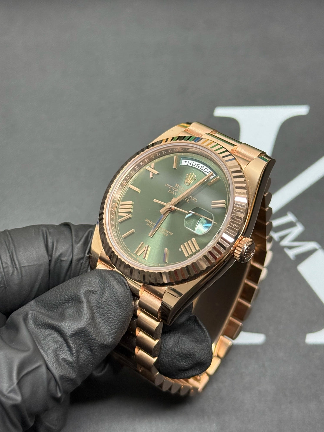 Rolex Day-Date 40 Olive Green Roman Dial on President 228235 2023 Card