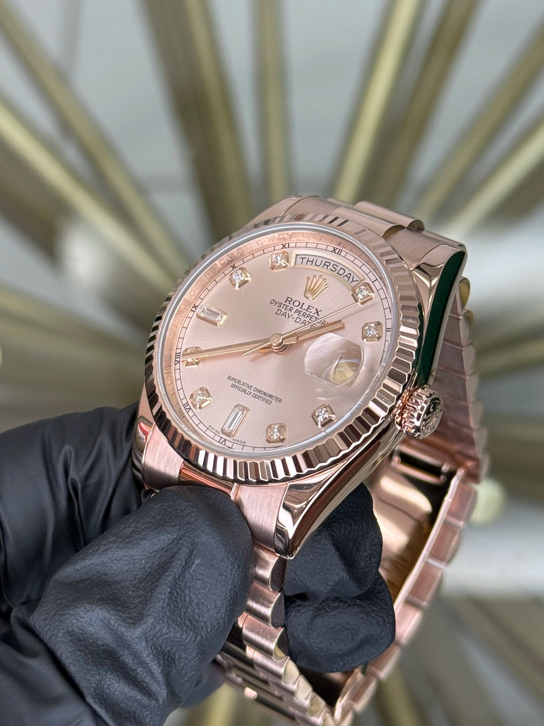 Rolex Day-Date 36 Pink Champagne Diamond Dial on President 118235 2014 Card