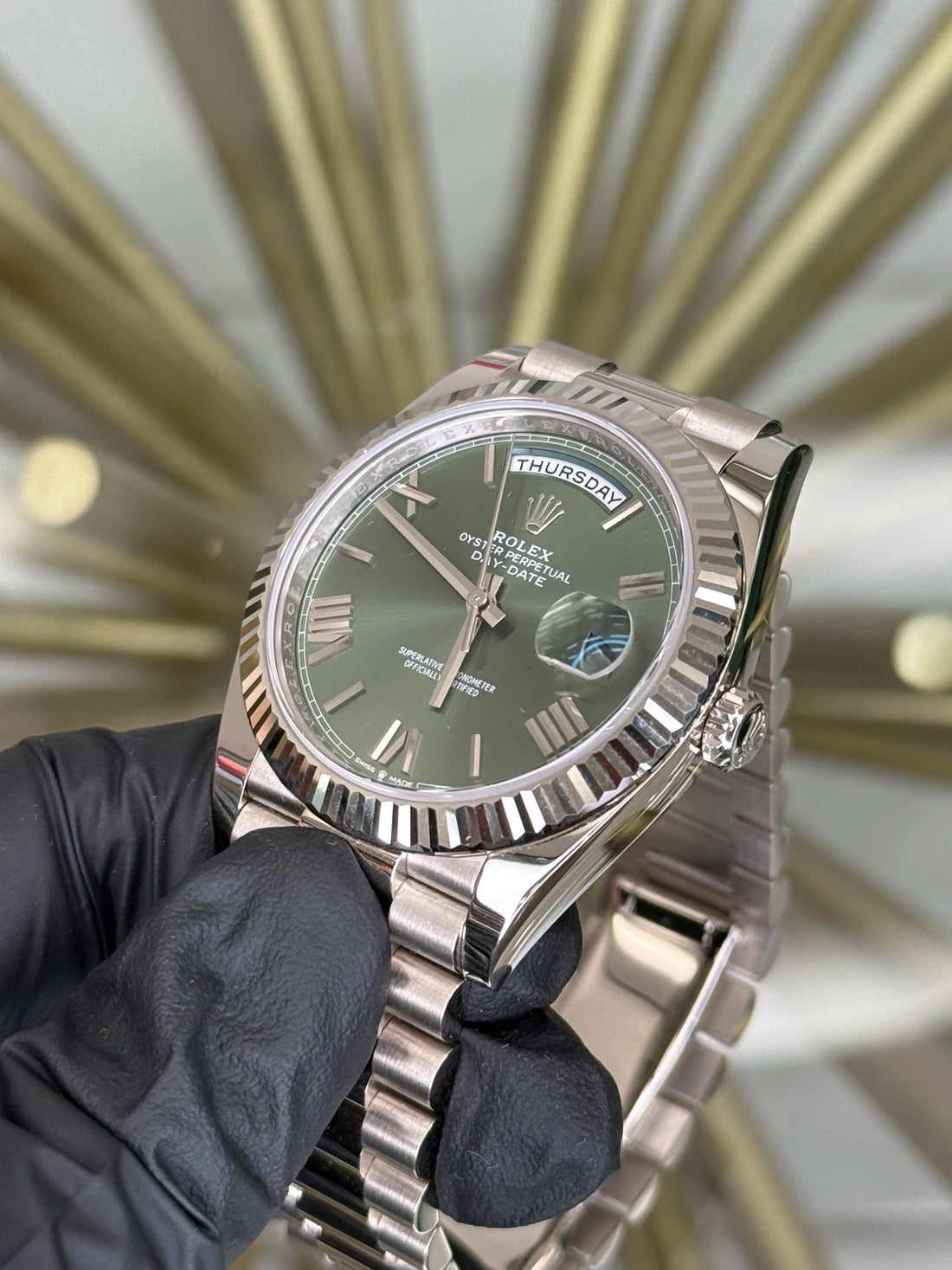 Rolex Day-Date 40 Olive Green Roman Dial on President 228239 2024 Card