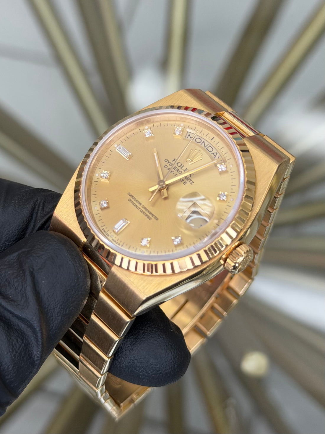 Rolex Day-Date Oysterquartz Champagne Diamond Dial on Bracelet 19018 Open Date Papers