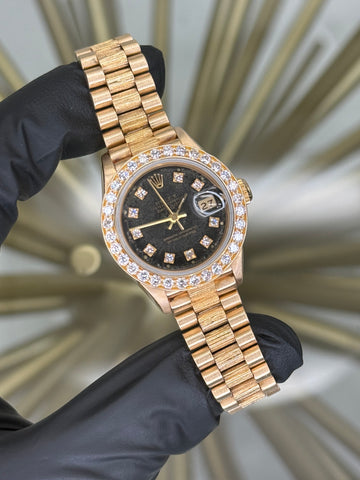 Rolex Datejust 26 Black Spider Dia Dial on Yellow Gold 69288 Open Date Complete