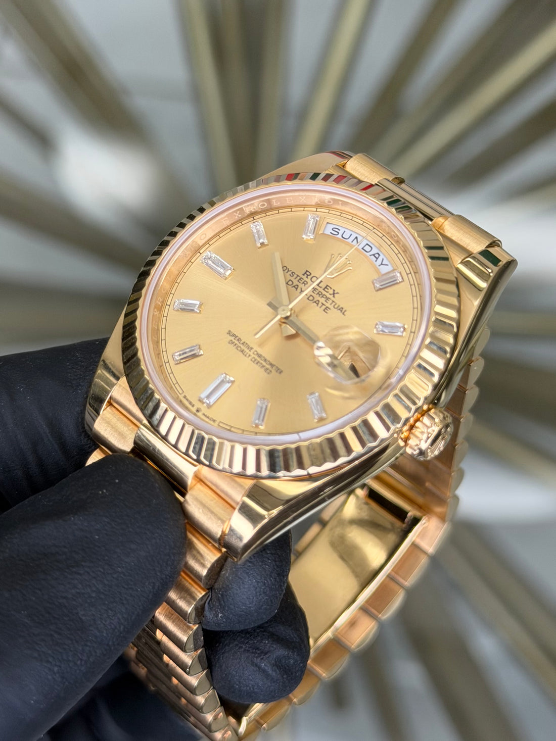 Rolex Day-Date 40 Champagne Baguette Diamond Dial on President 228238 2023 Complete