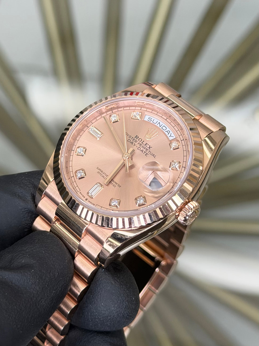 Rolex Day-Date 36 Pink Sundust Baguette Diamond Dial on Diamond President 128235 2024 Complete