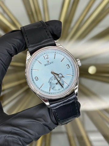 Rolex 1908 Ice Blue Rice-Grain Motif Index Dial on Leather Strap 52506 2025 Complete