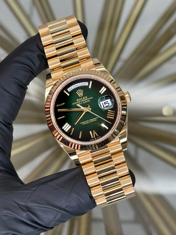 Rolex Day-Date 40 Green Ombre Roman Dial on President 228238 2024 Complete