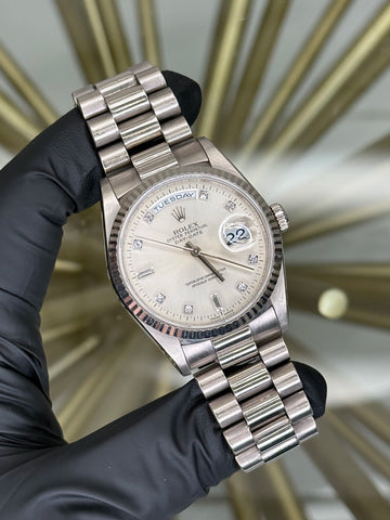 Rolex Day Date 36 Silver Diamond Dial on President 18239 1998 Complete