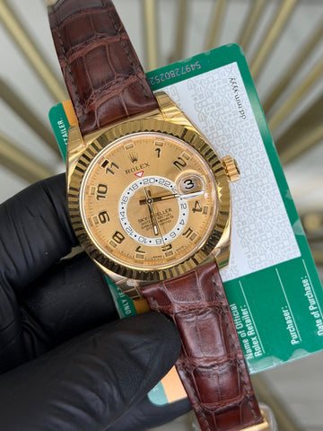 Rolex SkyDweller Champagne Arabic Dial on Leather 326138 Open Date Card