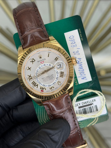 Rolex SkyDweller Silver Sunray Roman Dial on Leather 326138 2020 Card