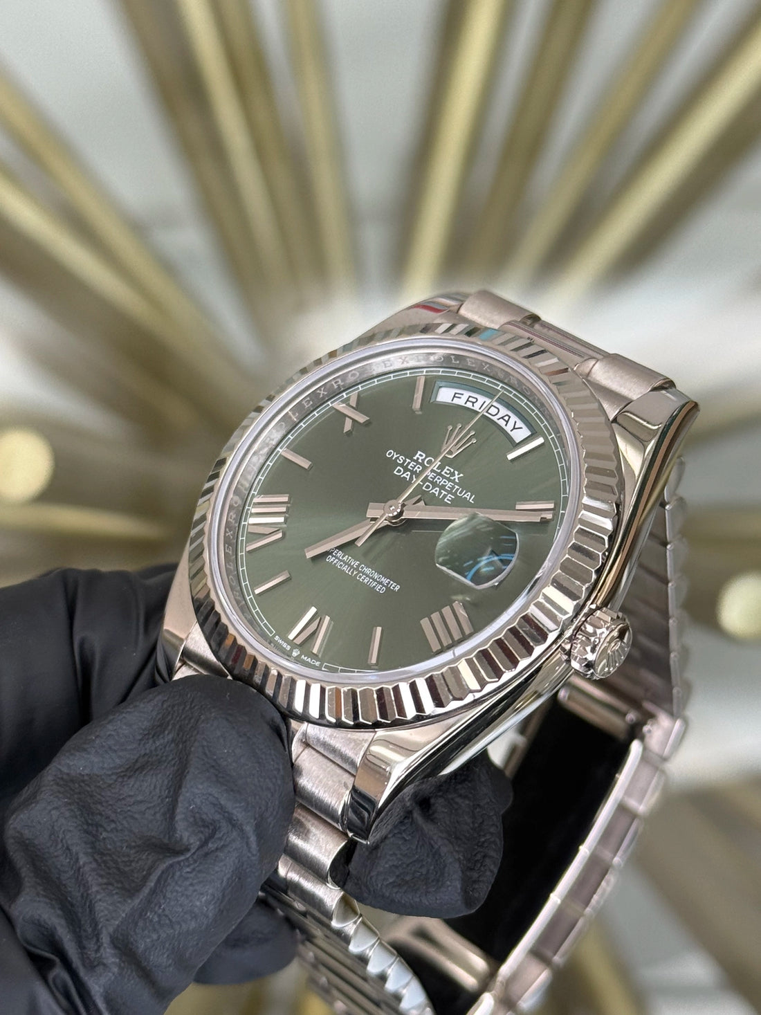 Rolex Day-Date 40 Olive Green Bevelled Roman Dial on President 228239 2022 Card