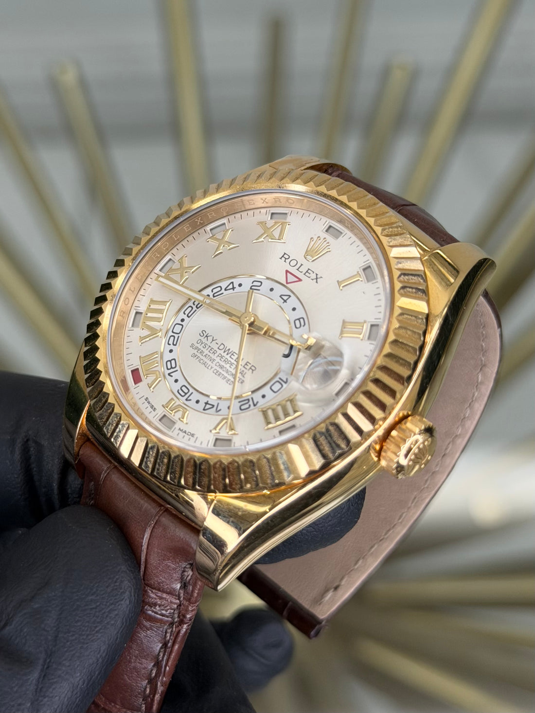 Rolex SkyDweller Silver Sunray Roman Dial on Leather 326138 2020 Card