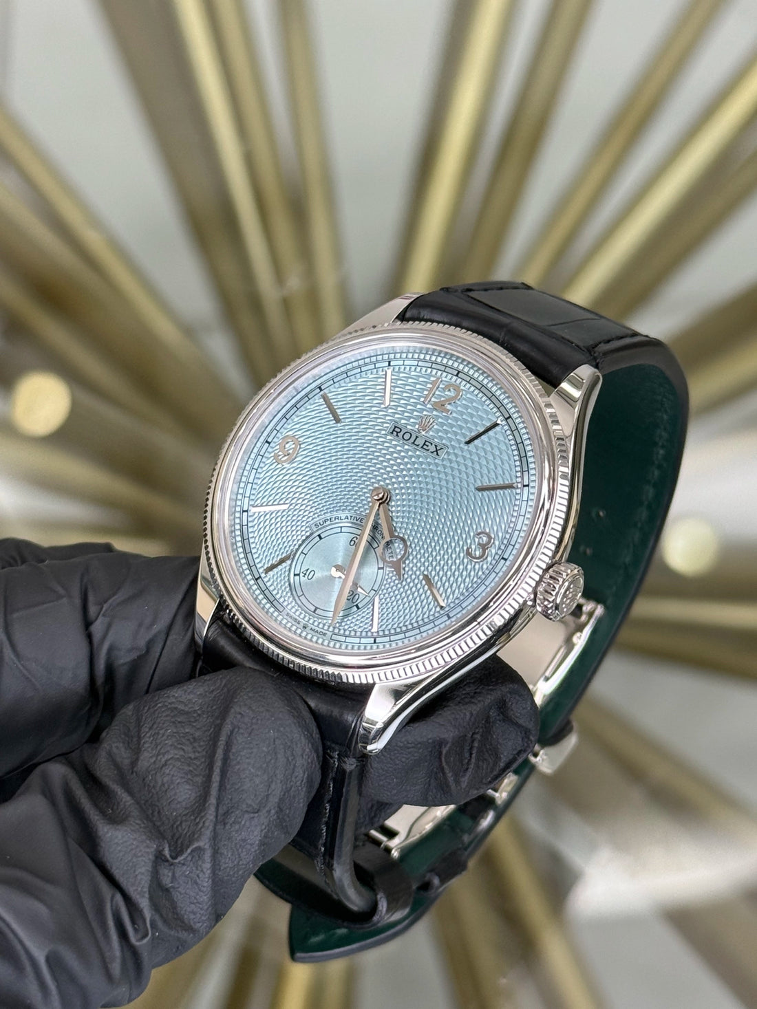 Rolex 1908 Ice Blue Rice-Grain Motif Index Dial on Leather Strap 52506 2025 Complete