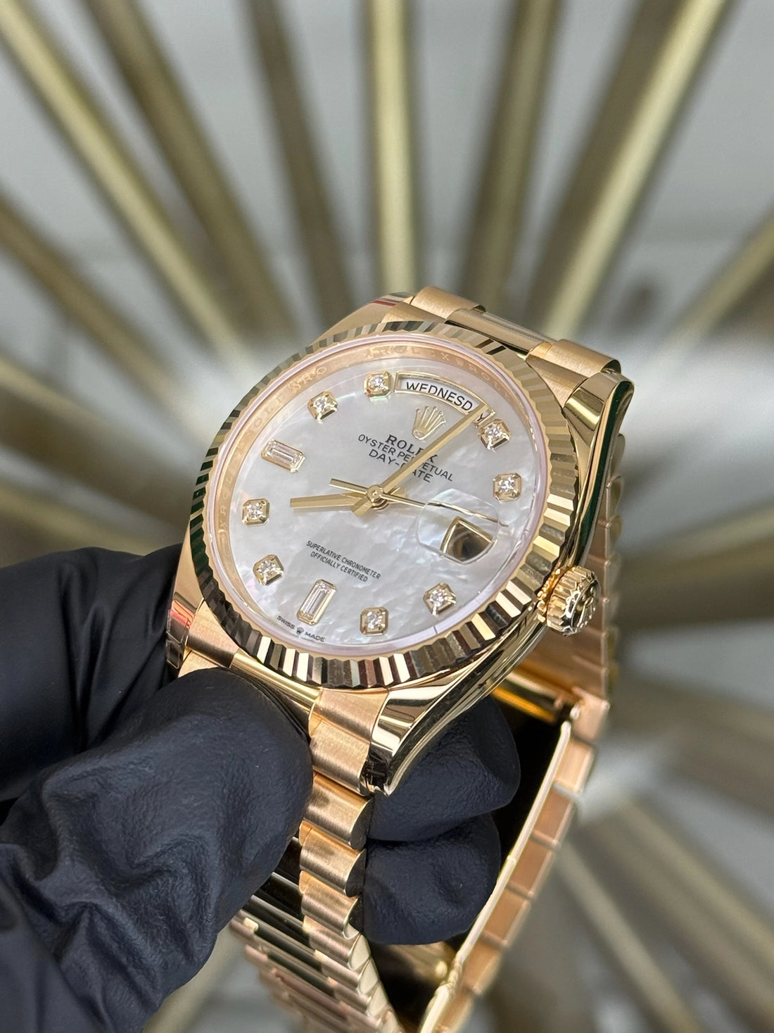 Rolex Day-Date 36 White Mother-Of-Pearl Diamond Dial on President 128238 2026 Complete