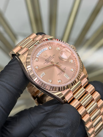 Rolex Day-Date 36 Pink Sundust Baguette Diamond Dial on Diamond President 128235 2024 Complete