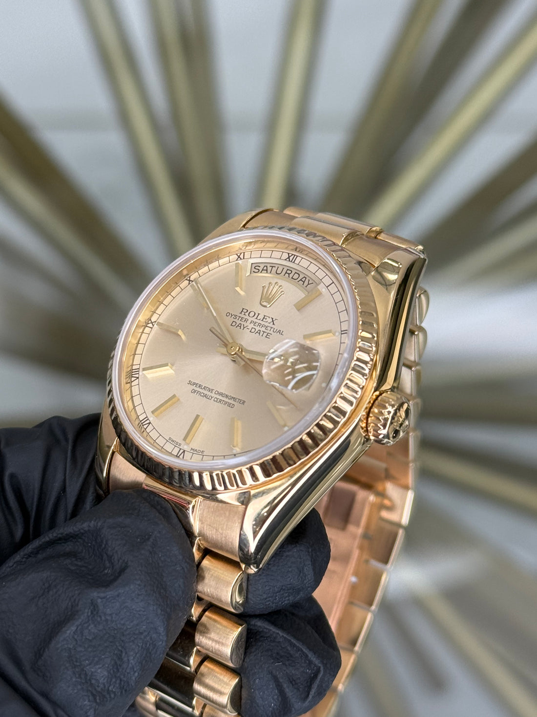 Rolex Day-Date 36 Champagne Stick Dial on President 18038