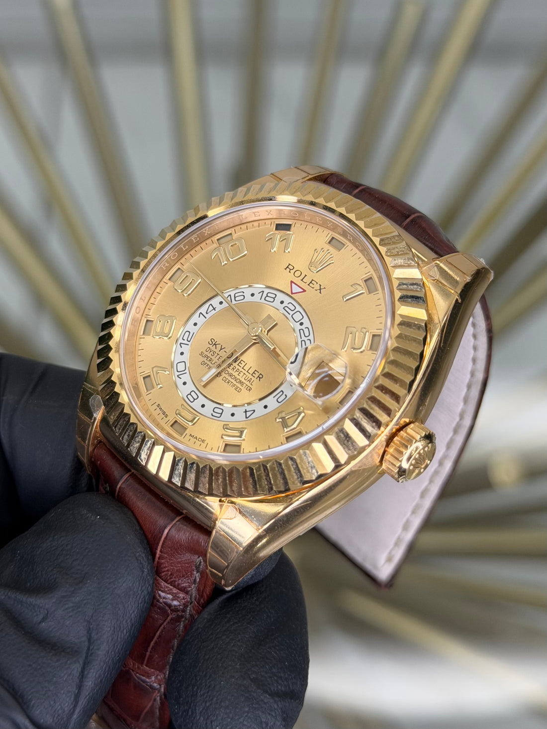 Rolex SkyDweller Champagne Arabic Dial on Leather 326138 Open Date Card