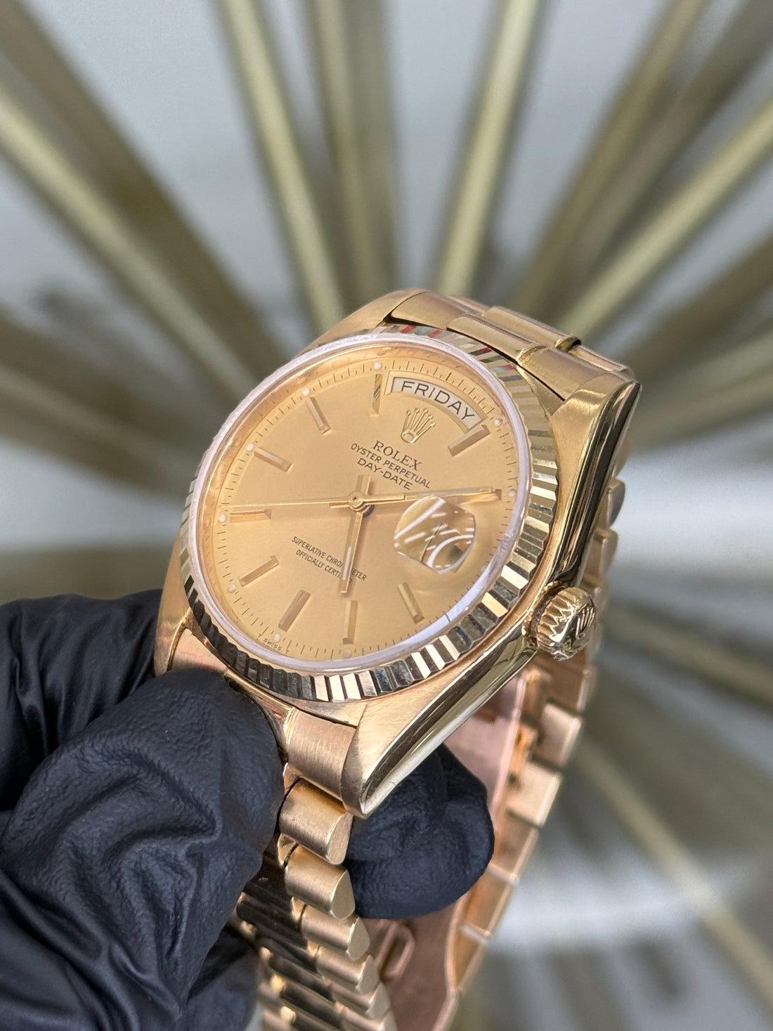 Rolex Day Date 36 Champagne Stick Dial on President 18038