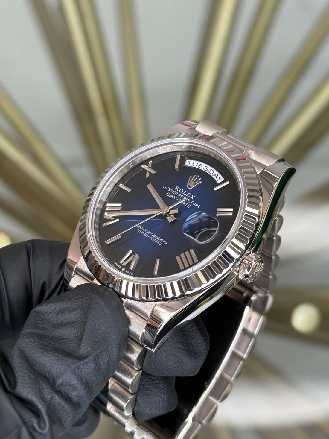 Rolex Day-Date 40 Blue Ombre Roman Dial on President 228239 2024 Complete