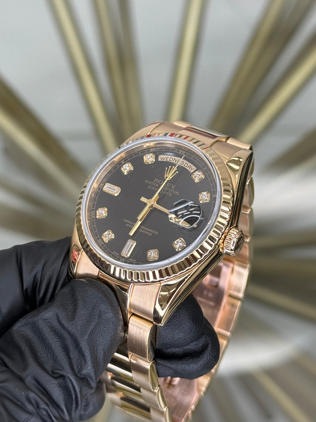 Rolex Day-Date 36 Black With Baguette Diamonds Dial on Oyster 118238