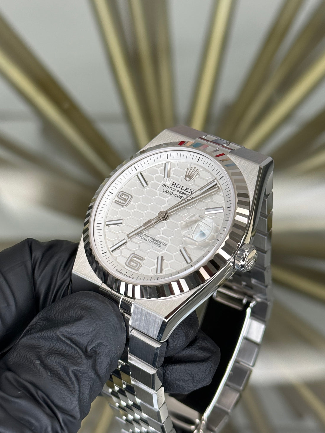 Rolex Land-Dweller 40 White Honeycomb Dial on Flat Jubilee 127334 2026 Card