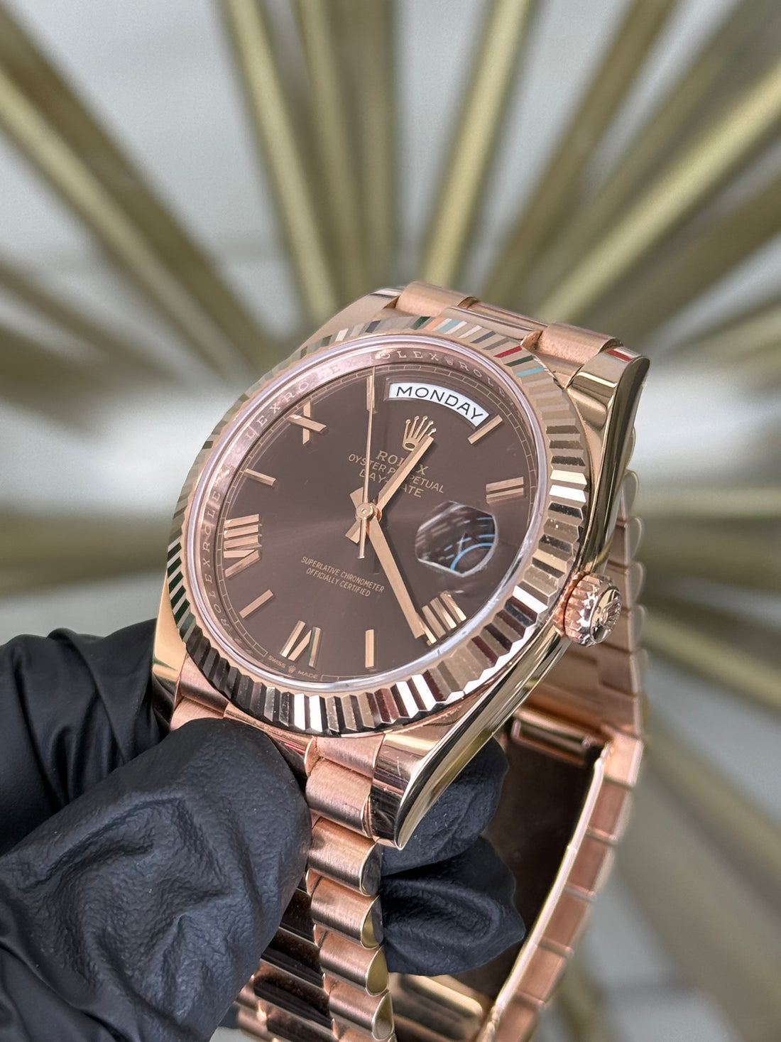 Rolex Day-Date 40 Chocolate Roman Dial on President 228235 2023 Complete