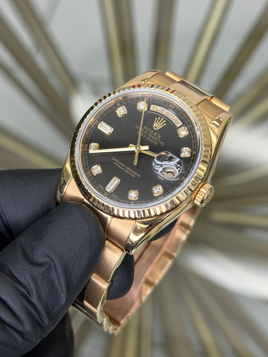 Rolex Day-Date 36 Black With Baguette Diamonds Dial on Oyster 118238