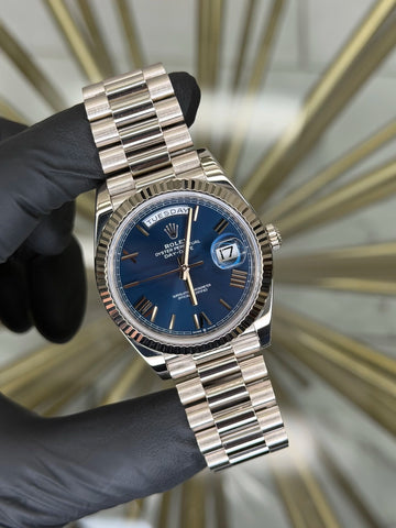 Rolex Day-Date 40 Blue Bevelled Roman Dial on President 228239 2023 Complete