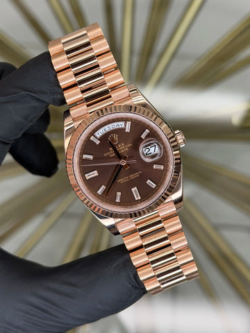 Rolex Day-Date 40 Chocolate Baguette Diamond Dial on President 228235 2025 Complete
