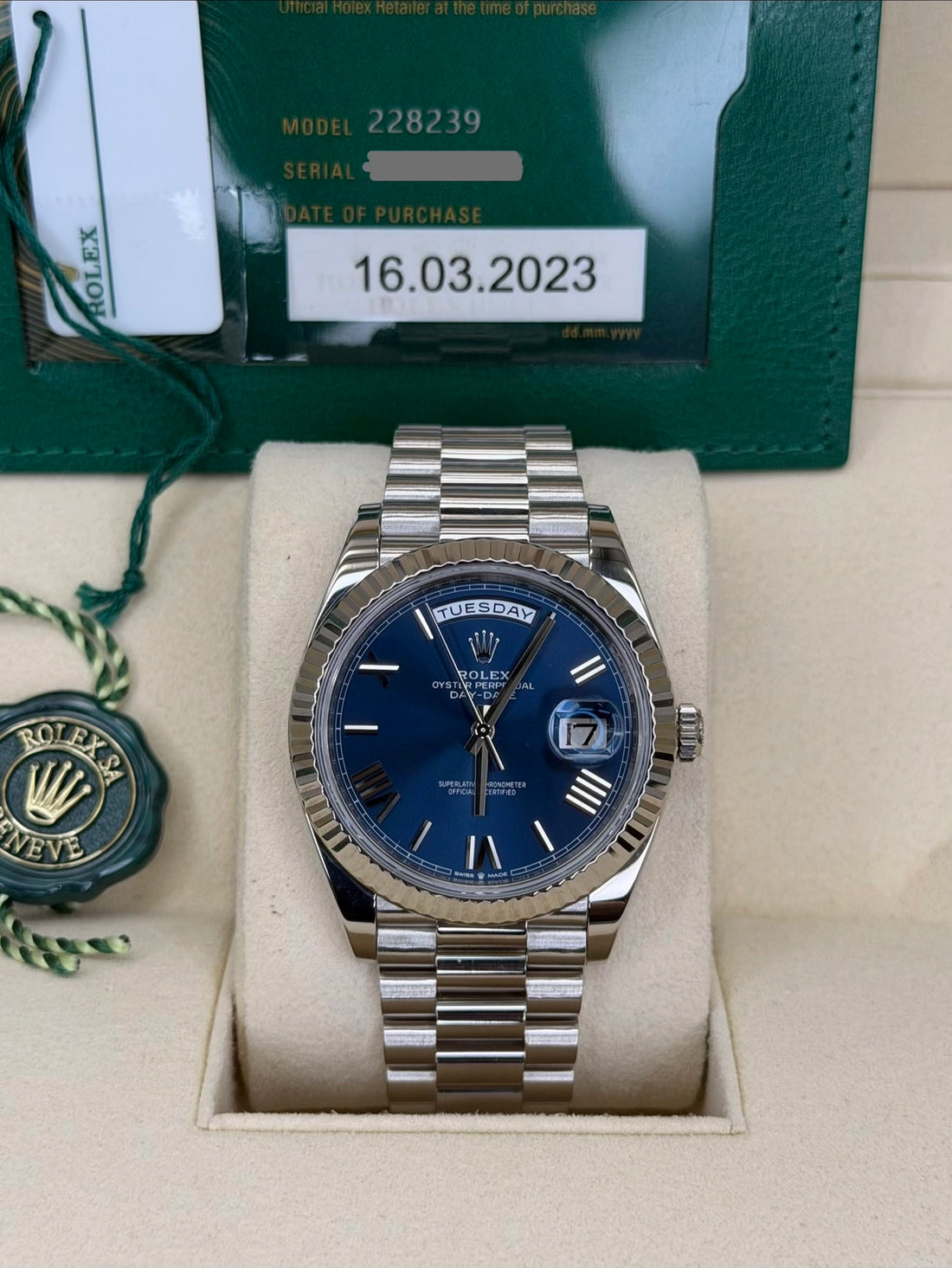 Rolex Day-Date 40 Blue Bevelled Roman Dial on President 228239 2023 Complete