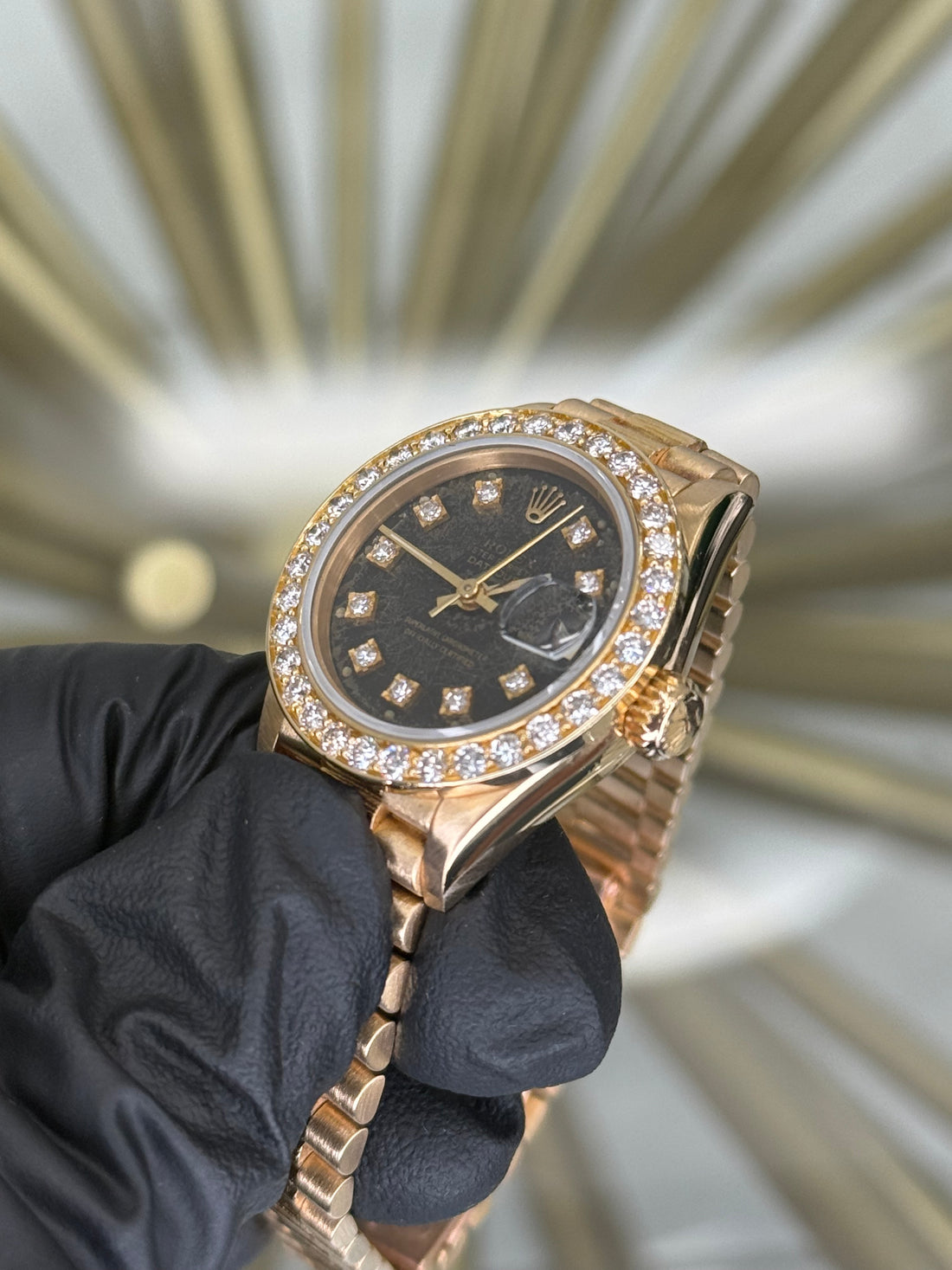 Rolex Datejust 26 Black Spider Dia Dial on Yellow Gold 69288 Open Date Complete