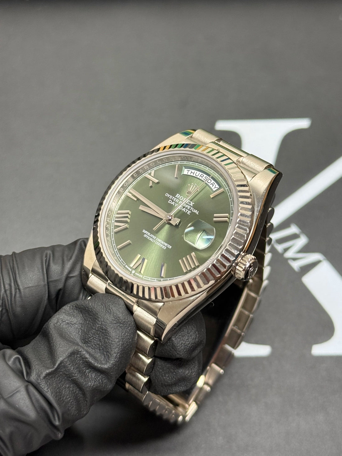 Rolex Day-Date 40 Olive Green Bevelled Roman Dial on President 228239 2022 Card