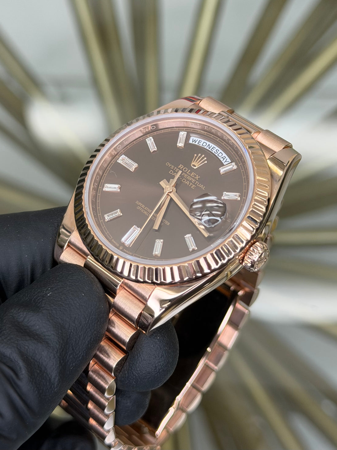 Rolex Day-Date 40 Chocolate Baguette Diamond Dial on President 228235 2023 Complete