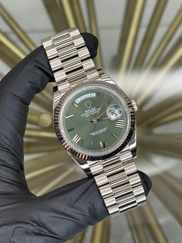 Rolex Day-Date 40 Olive Green Bevelled Roman Dial on President 228239 2025 Complete