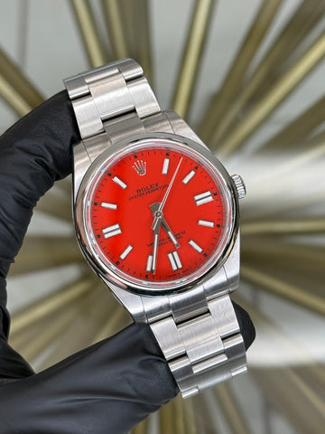 Rolex Oyster Perpetual 41 Coral Red Index Dial on Oyster 124300 2020 Card